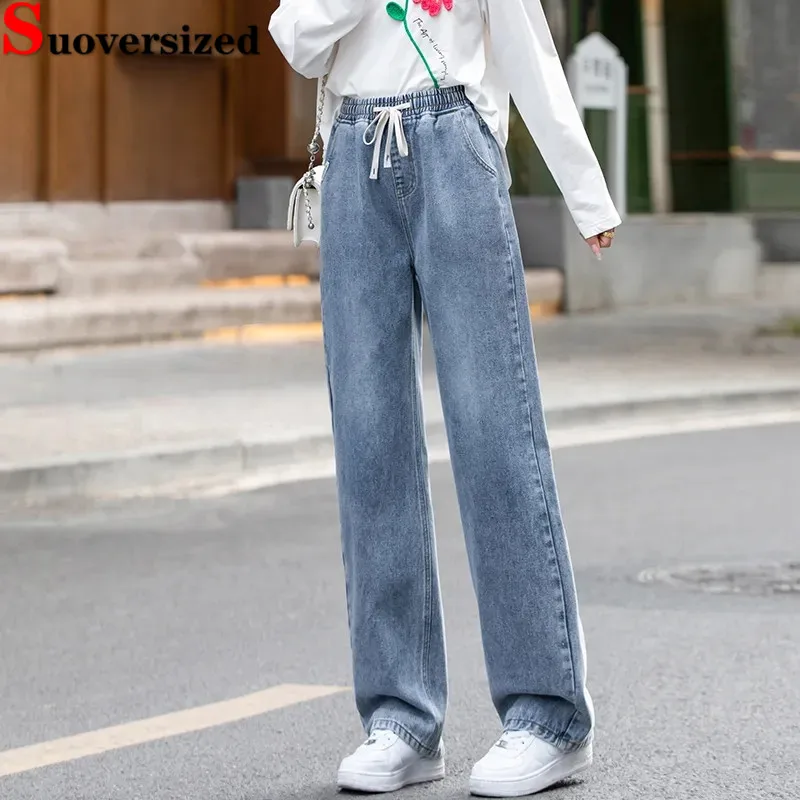 Casual Lace-up Wide Leg Jeans Korea Fashion Pantalones High Waist Baggy Straight Vaqueros Women Vintage Streetwear Denim Pants