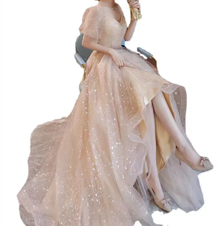 Robe de soirée Champagne, manches bouffantes, ligne a, longueur au sol, dos à lacets, robe de bal, de Banquet, Haute Couture