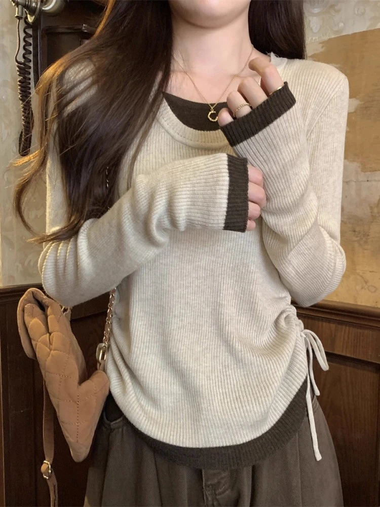 

Women's Knitted round Neck Base Shirt Korean Style Early Autumn Spring Inner Wear Slim Fit Long Sleeve Casual Vintage Hong Ko...