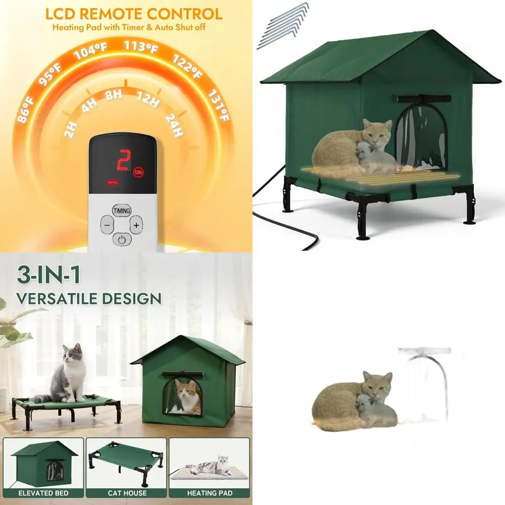 

Weatherproof Outdoor Insulated Cat House with Heater, 3-in-1 Design, Safe Escape for Feral Cats - 25.5x16.5x18.9