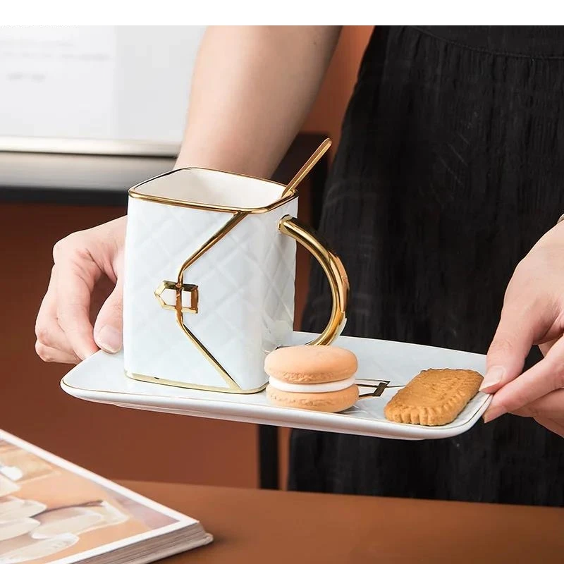 Handbag Shaped Ceramic Mug and Plate Set High Beauty Milk Cup Coffee Beverage Household Water Cups Tea