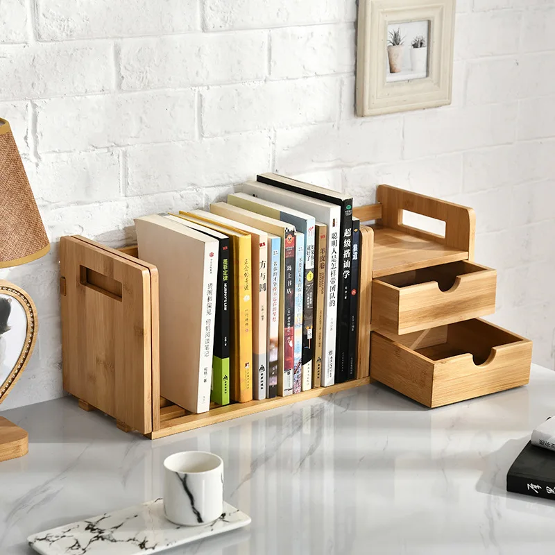 Bamboo Telescopic Book Shelf with Drawer, Desktop Bookcase, Table Book Rack, Bookshelves, Bookcase Organizer,Furniture
