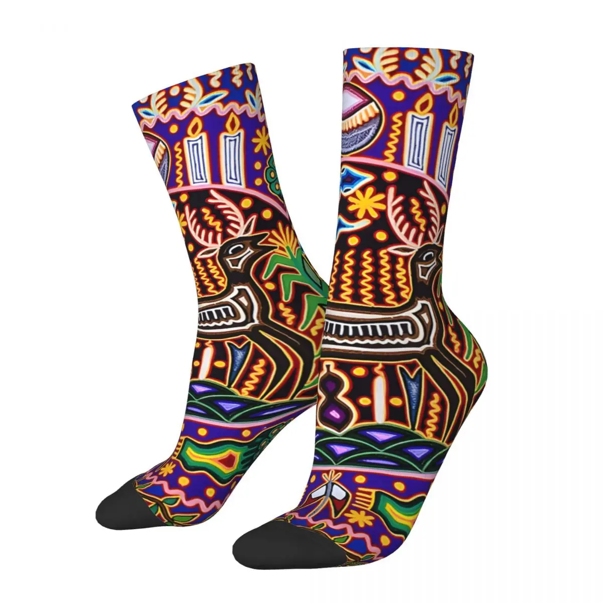 Funny Crazy Sock for Men Deer And Shaman Hip Hop Harajuku Huichol Art Happy Pattern Printed Boys Crew Sock Novelty Gift