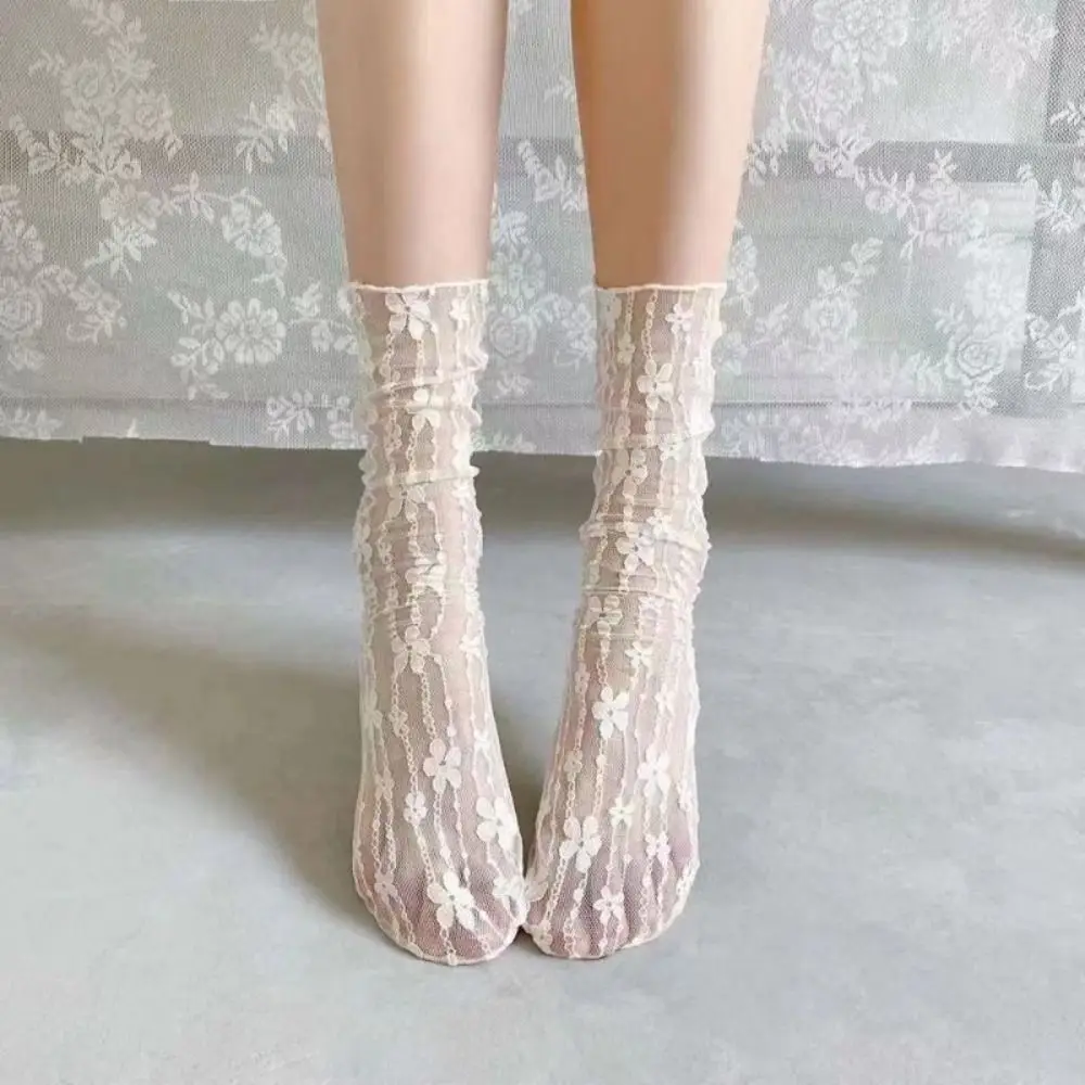 

Fashion Transparent Mesh Flower Socks Thin Mid Tube Lace Sock for Women Ins Style Korean Style Floral Tulle Socks Girls
