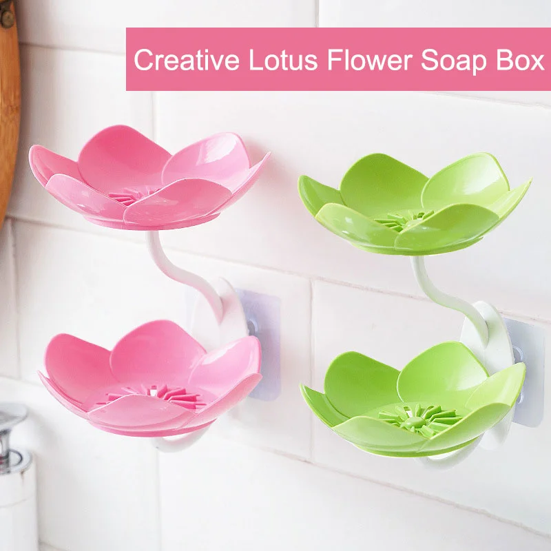 Criativa Lotus Flower Soap Box, 2 Tier Servindo Bandeja, Suportes De Utensílio, Bandeja De Parede De Sucção, Saboneteira Floral, Suportes De Prateleira