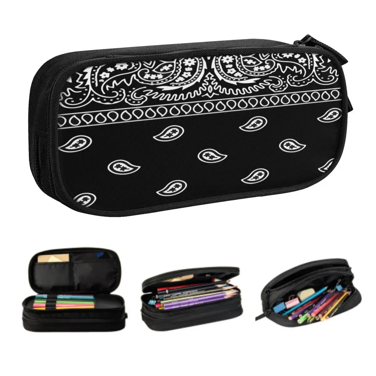 Custom Black And White Bandana Paisley Pattern Cute Pencil Cases Girl Boy Large Capacity Bohemian Pencil Bag Student School