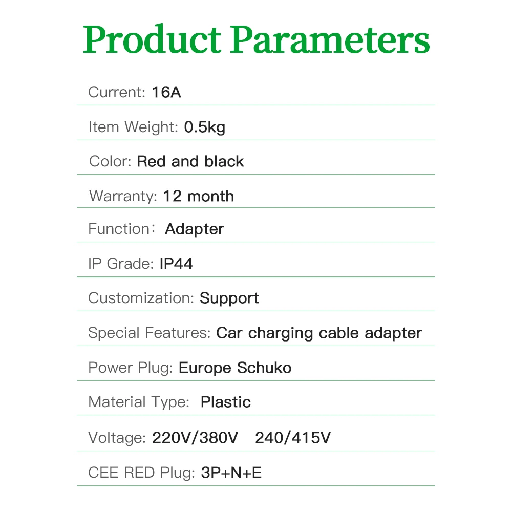 EV Charger Type 2 16A 3phase 11kw Adaptor CEE Red to Schuko With Cable For Electric Car Charging EVSE