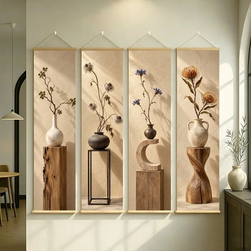 Wall Art Preserved Brunia and Preserved Cornflower, Wabi-Sabi Silver Shimmer Canvas Hanging Scroll for Reading Nook Decor