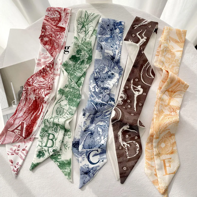 Luxury 6*94cm Slender Model Temperament Small Scarf Long Silk Scarf Hair Band Women\'s All-Match Double-Sided Streamer