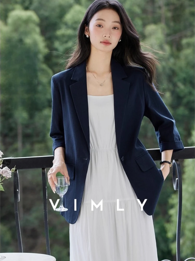 

VIMLY Navy Blue Long Blazer Women 2025 Autumn Linen Blend Three Quarter Lapel Collar Blazers Long Sleeves Button Blazers A2363