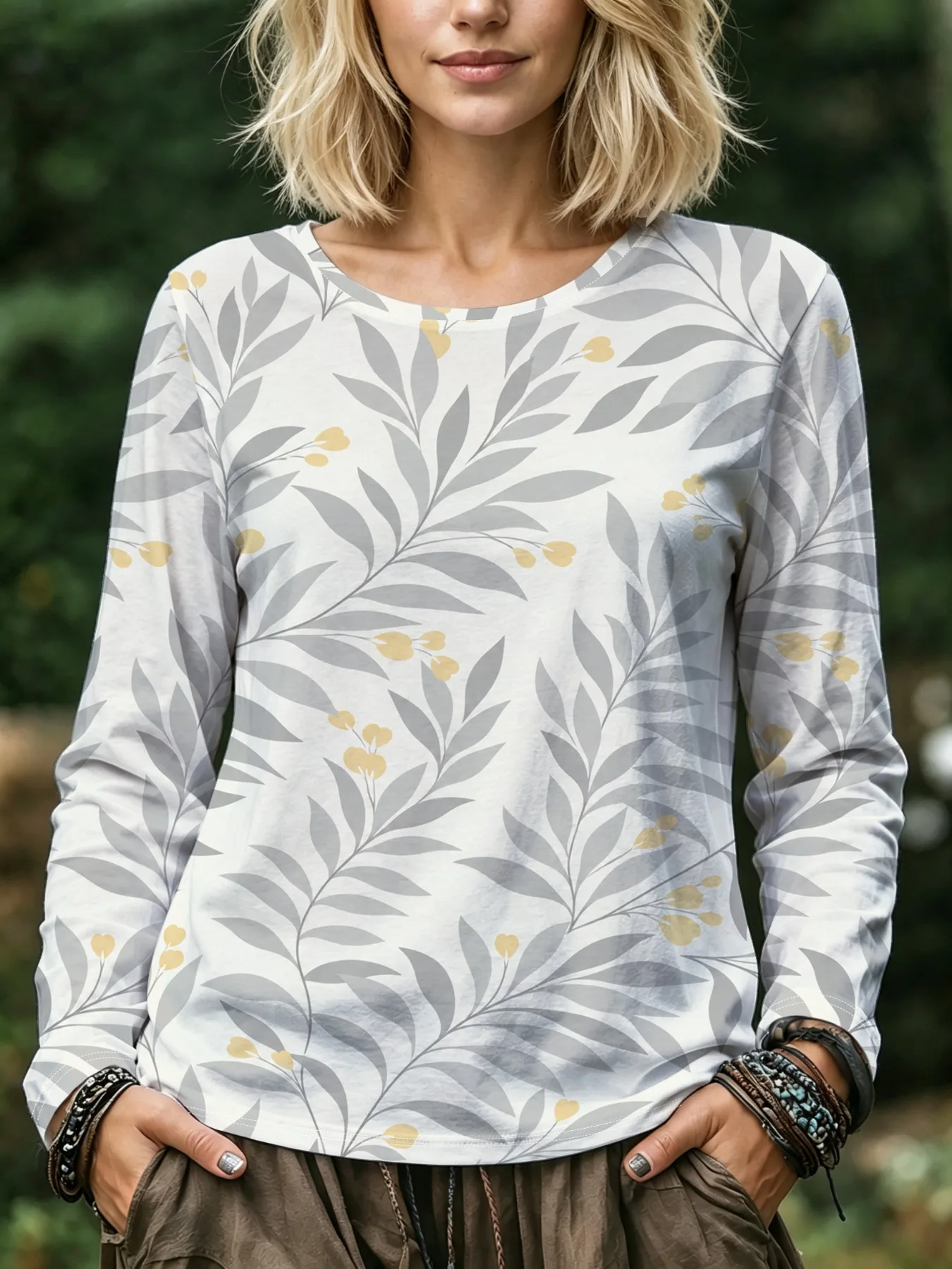 Women Blouse Watercolor Purple Floral Print Round Neck Long Sleeve Pocket Casual Loose Tops Women's Clothes