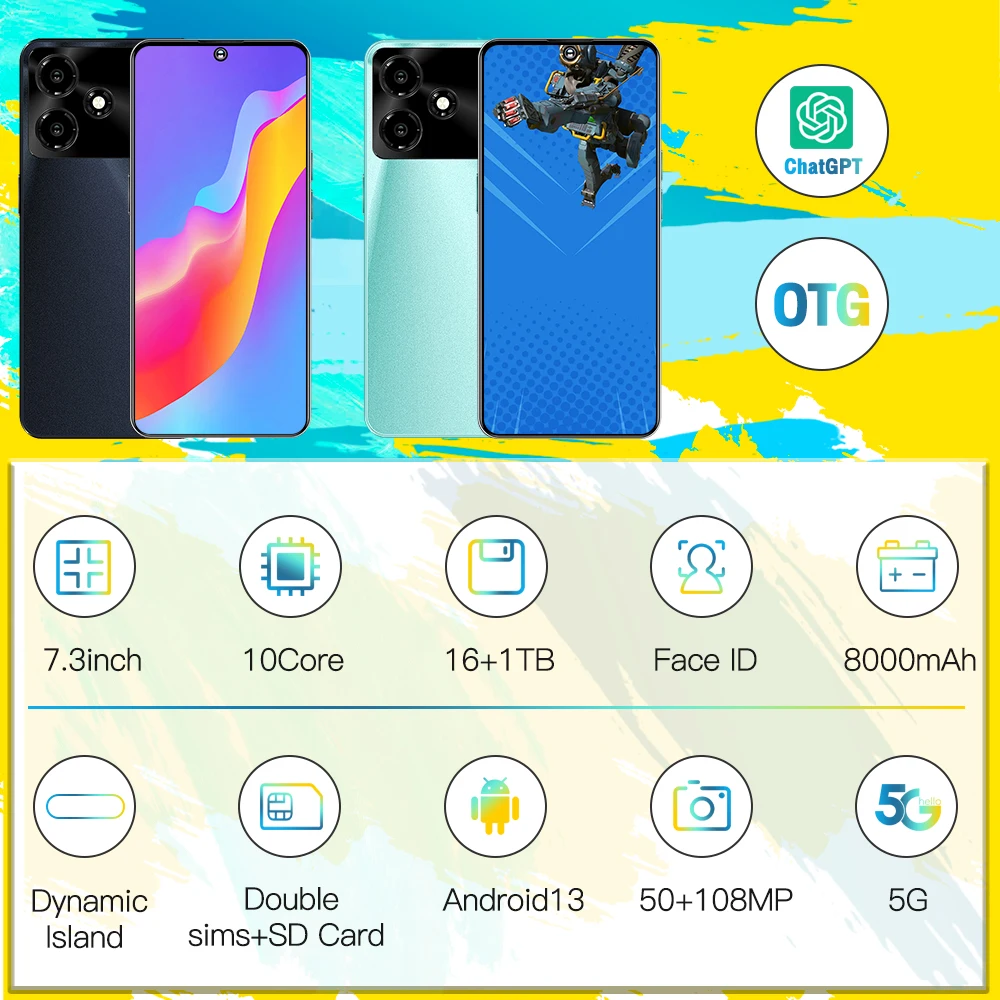 Telefony komórkowe M6 Pro HD7.3 Ekran SmartPhone Oryginalny 5G Dual Sim Celulare Android Odblokowany telefon komórkowy Wersja globalna