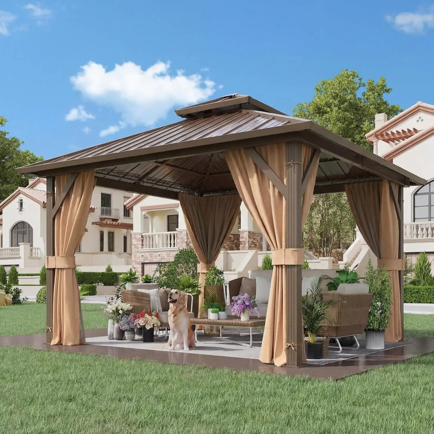

10' x 10' Hardtop Gazebo, Metal Gazebo with Aluminum Frame,Double Galvanized Steel Roof,Curtains and Netting Included，Customized