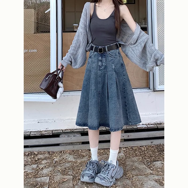 2026 Denim Skirt Spring and Autumn High Waist and Thin Hips Pleated Short Skirt A-shaped Umbrella Skirt
