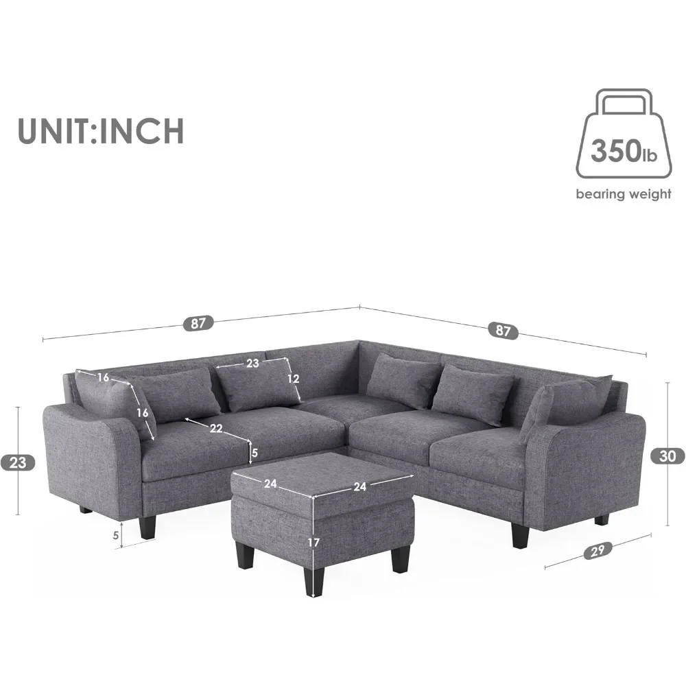 L-Shaped Couch with Coffee Table & 6 Pillows 6Seat Sectional Sofa with Storage Ottoman & Unique Curved Armrest Convertible Sofa