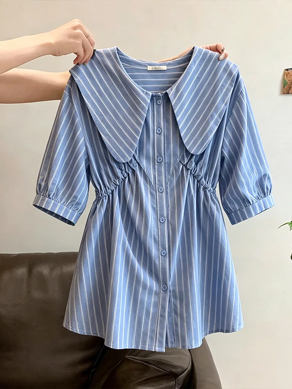 

Loose Striped Color Block Drawstring Women's Shirt Casual Style Fashion Single Button Korean Version Breathable Short Sleeve
