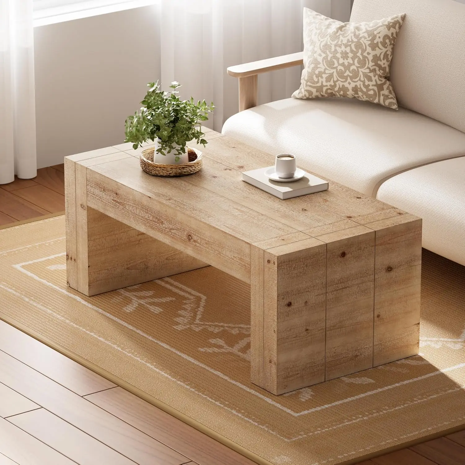 

Modern Rustic Wood Coffee Table with Thick Legs, Rectangular Living Room Center Table, Natural Finish Design,, Customized