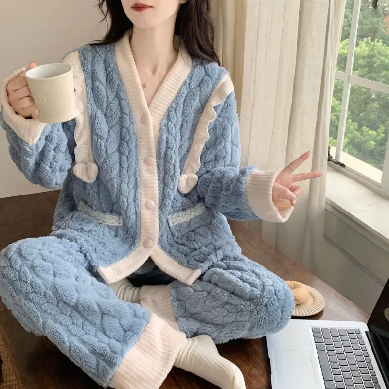 Sleepwear Women Winter Warm Pajamas Sets Coral Fleece Thick Flannel Homewear Sets Kawaii Clothing Pajamas Long Sleeve Nightwear