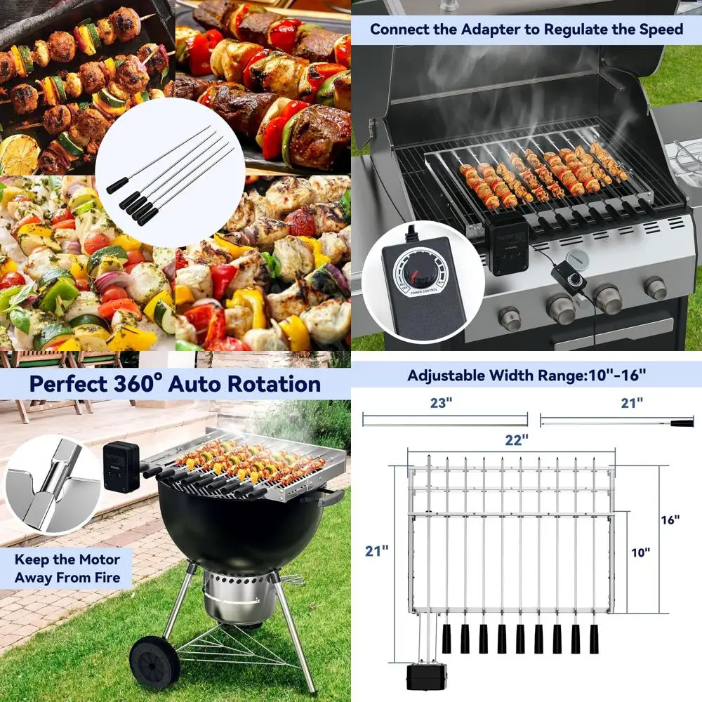 

Automatic Rotating Stainless Steel BBQ Skewer Set with 9 Skewers, Adjustable Speed and Length for Shish Kebab Grilling