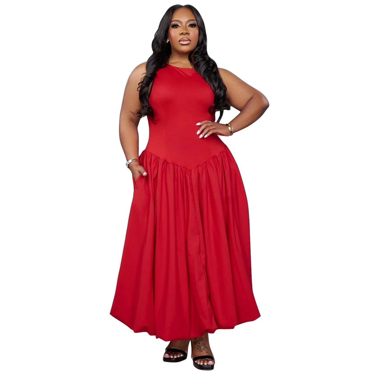 Plus size mulher vestido elegante cor sólida verão sem mangas tripulação pescoço cintura alta plissados vestidos casuais 4xl 5xl