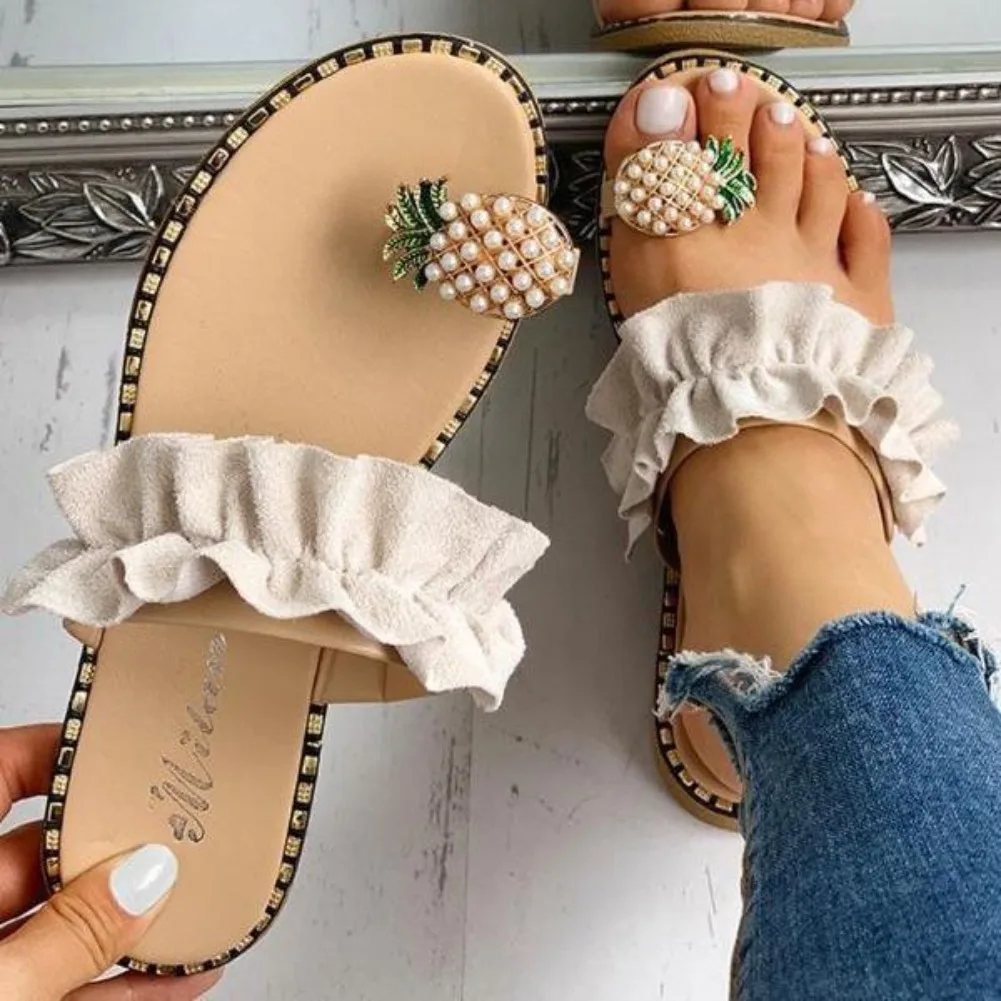 2026 New Women Slipper Pineapple Pearl Flat Toe Bohemian Summer Beach Sandals Ladies Shoes Plus Size Mujer Verano