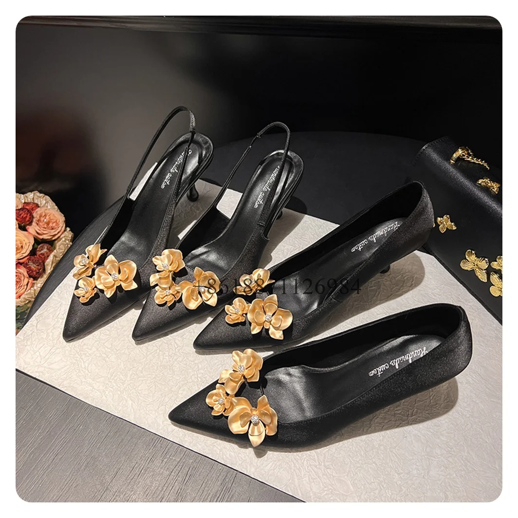 

Black Pointed Toe Summer Women Sandals Or Pumps Shoes With Metal Flowers Stiletto Middle Heels Slip On Design Large Size Shoes