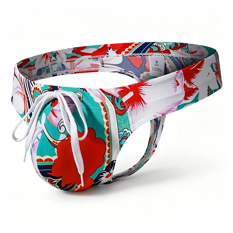 Male Printed T‑back Swim Trunks Ice Silk Fabric Drawstring Waist Adjustable Men Beach Swim Briefs Swimming Underwear