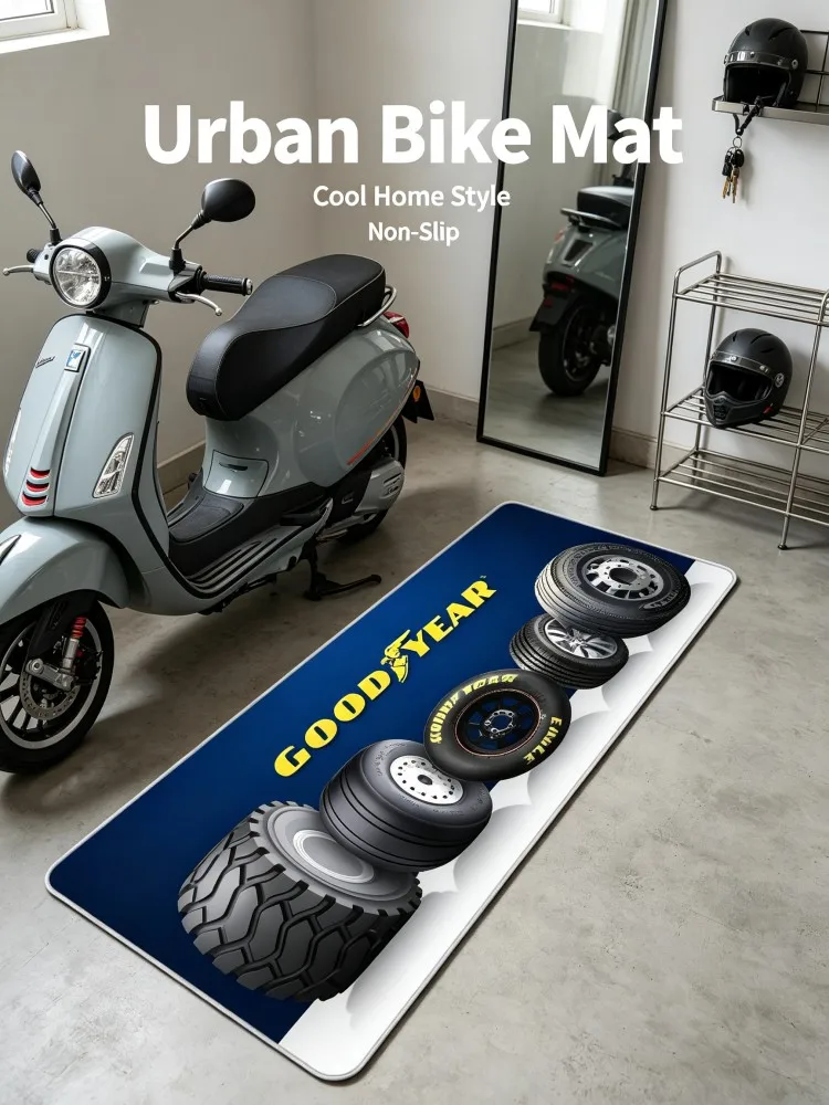 Car Tire Pattern Long Runner Rug, Non‑Slip Flannel Floor Mat, Automotive Theme Garage Carpet, Anti‑Slip Decor Mat For Motorcycle