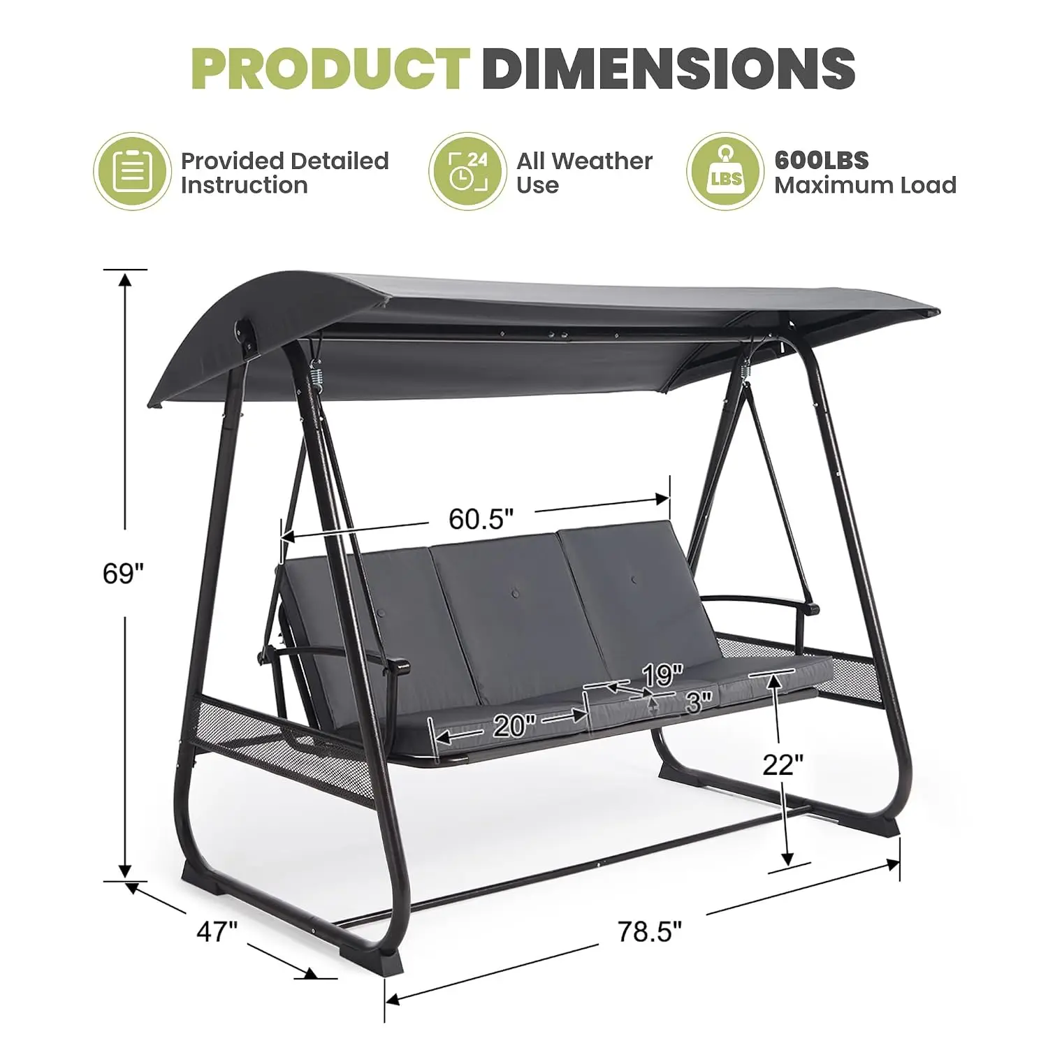 3-Seat Outdoor Patio Swing Chair, Convertible Flatbed Swing With Adjustable Canopy, Heavy-Duty Triangular Frame, Customized