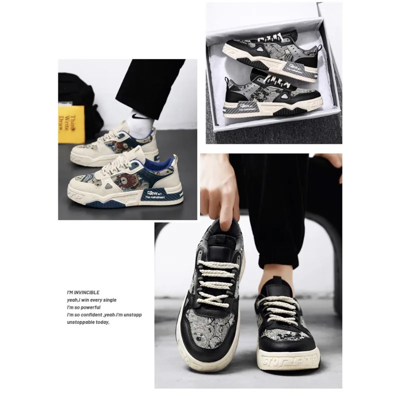 Men's Printed Canvas Platform Sneakers 2026 Summer Breathable Thick Sole Casual Daily Streetwear Korean Style Footwear