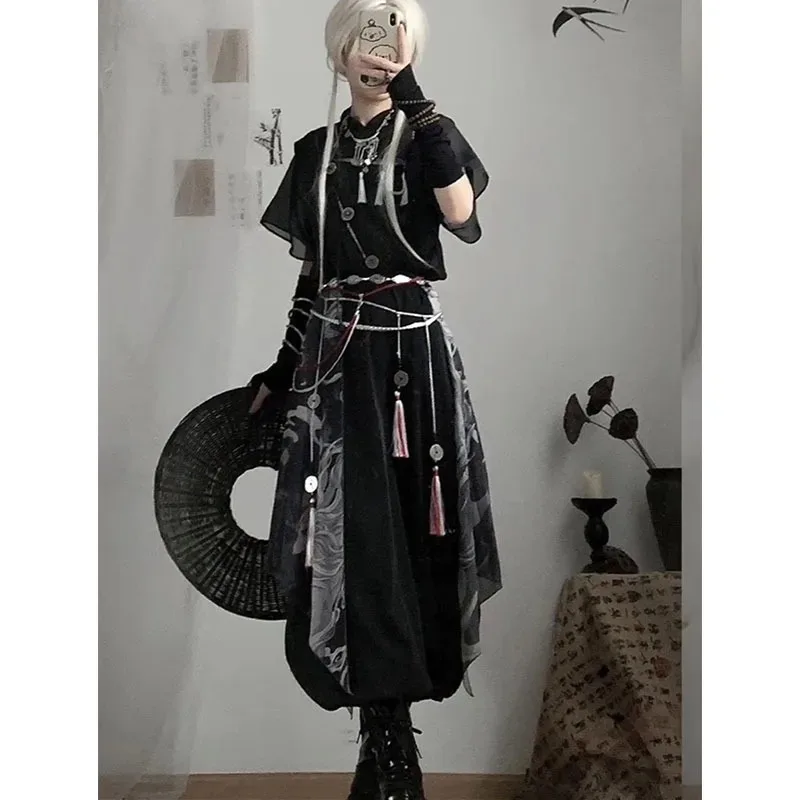 National Style Antiquities Cosplay Suit with Suspenders T-shirt Lantern Pants - Dress And Adornment yj4k