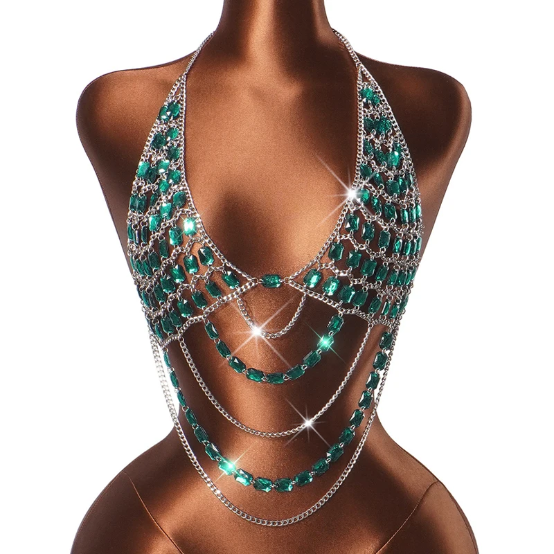 Damen Strass-Körperkette Top mit Neckholder, mehrschichtiges Kristall-Harness-Crop-Top, sexy Edelstein-Cami-Set für Damen – Detail 6
