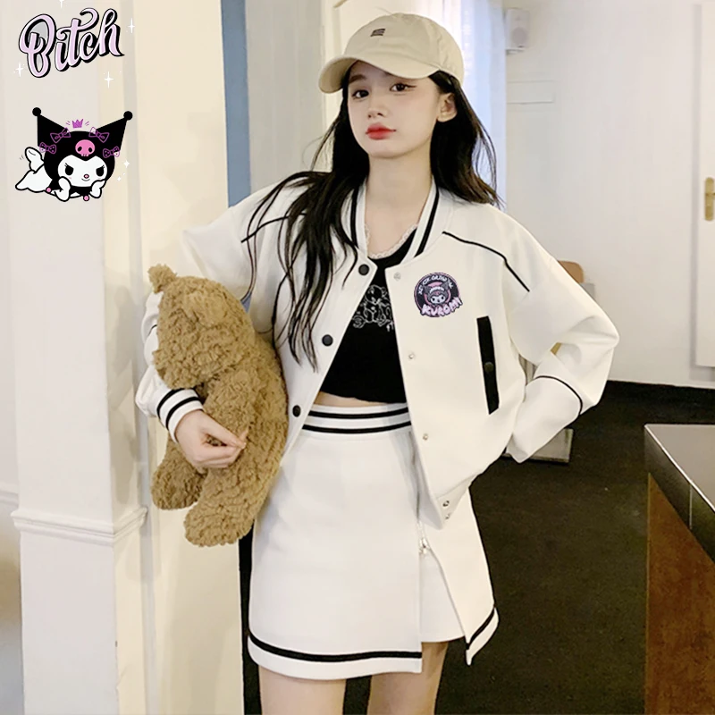 Sanrioed Kuromi Baseball Uniform Skirt Suit Jacket Anime Kawaii Spring American Style Cartoon Cotton Coat Girl Casual Vintage