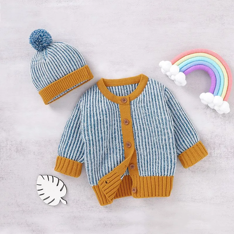 Baby Sweater Knitted Newborn Girl Top  Hat Fashion Stripe Pompom Infant Boy Clothing Cardigan Outerwear Long Sleeve Autumn 2PCS