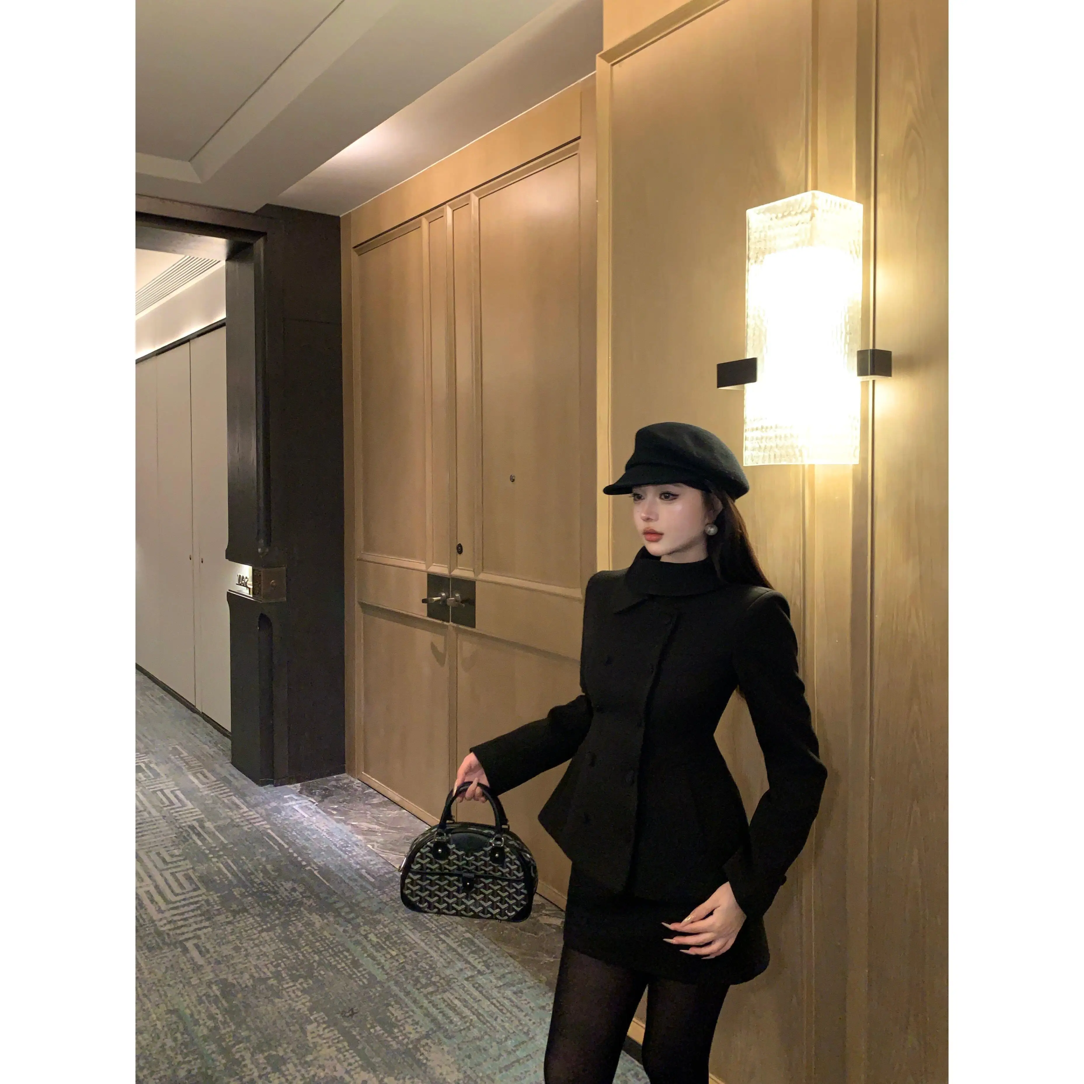 Black Woolen Suit Jacket And  Skirt Set Rich Girl Style Two-Piece Korean High-End Feeling Casual Sportswear for Women