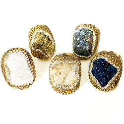 Irregular Druzy Quartz Stone Open Ring for Women Gilrs Micro Inlay Yellow Rhinestone Gold Plated Boho Finger Jewelry Resizable