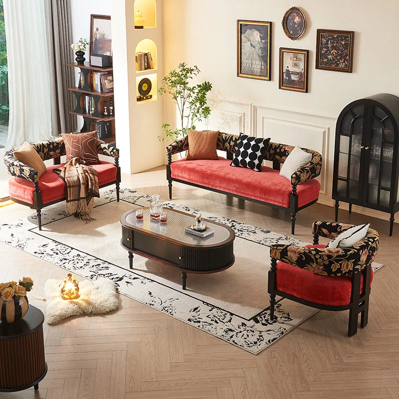 

French solid wood sofa coffee table combination American retro light luxury living room home straight row three-person sofa high