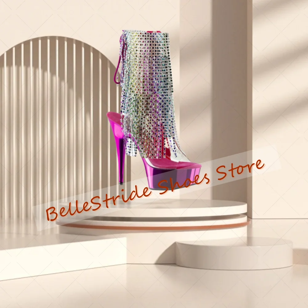 

Purple Crystal Tassels Peep Toe PVC Boots Platform Women Shoes Thin High Heels Party Banquet Dating 2025 Zapatos Para Mujere