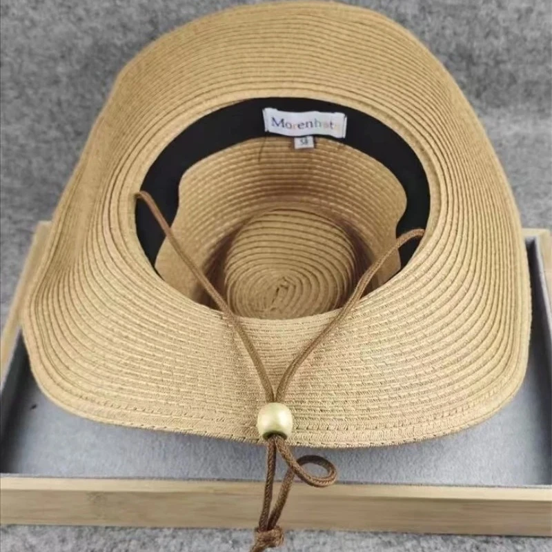Foldable Wide Brim Straw Cowboy Hat with Drawstring Sun Protection Straw Cowboy Hat for Women Men Classic Western Cowgirl Cap  main image 4