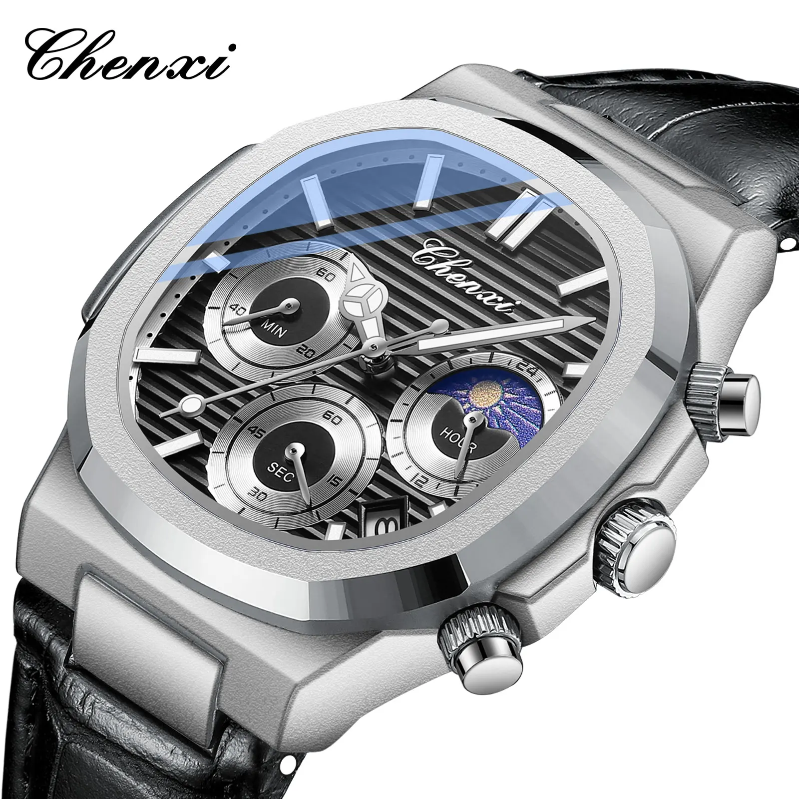 CHENXI Fashion Casual Watches For Men Luminous hands date Chronograph Leather Quartz Man Watch Male Wristwatch Waterproof Clock