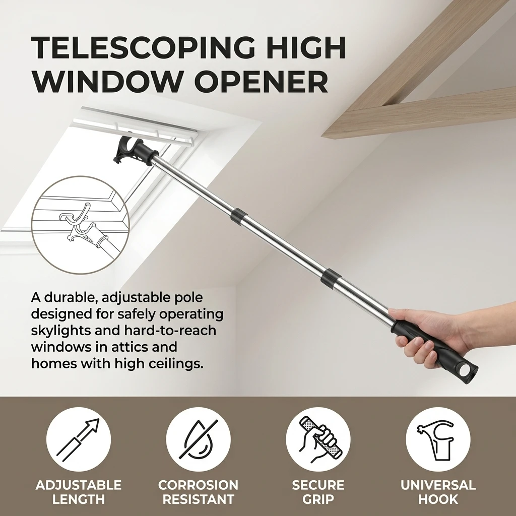 Heavy-Duty Opener Pole Telescopic for High Ceiling Windows 80-200cm Stainless Steel Roof Hook Rod Durable Tool