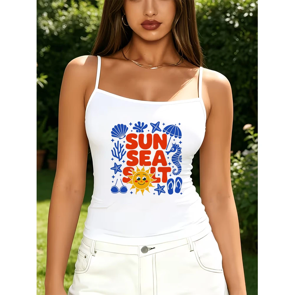 Funny Sun Sea Salt Graphic Tank Top Tropical Ocean Holiday Camisole Chic Coastal Surfing Travel Birthday Gift Top for Women