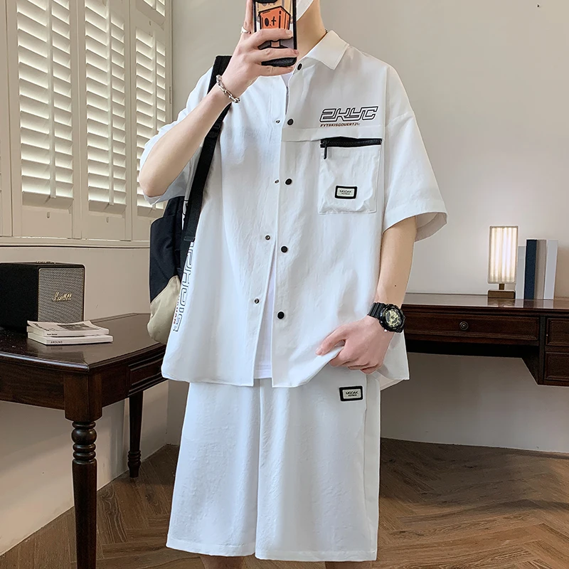 

Повседневный комплект из шорт и рубашки для мужчин: летний свободный рабочий костюм, модный молодежный комплект из полиэфирного волокна (длина до колена)