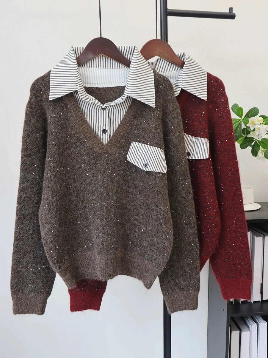 2026 AutumnWinter new sequined patchwork shirt sweater pullover loose knit sweater fake 2-pcs top for women