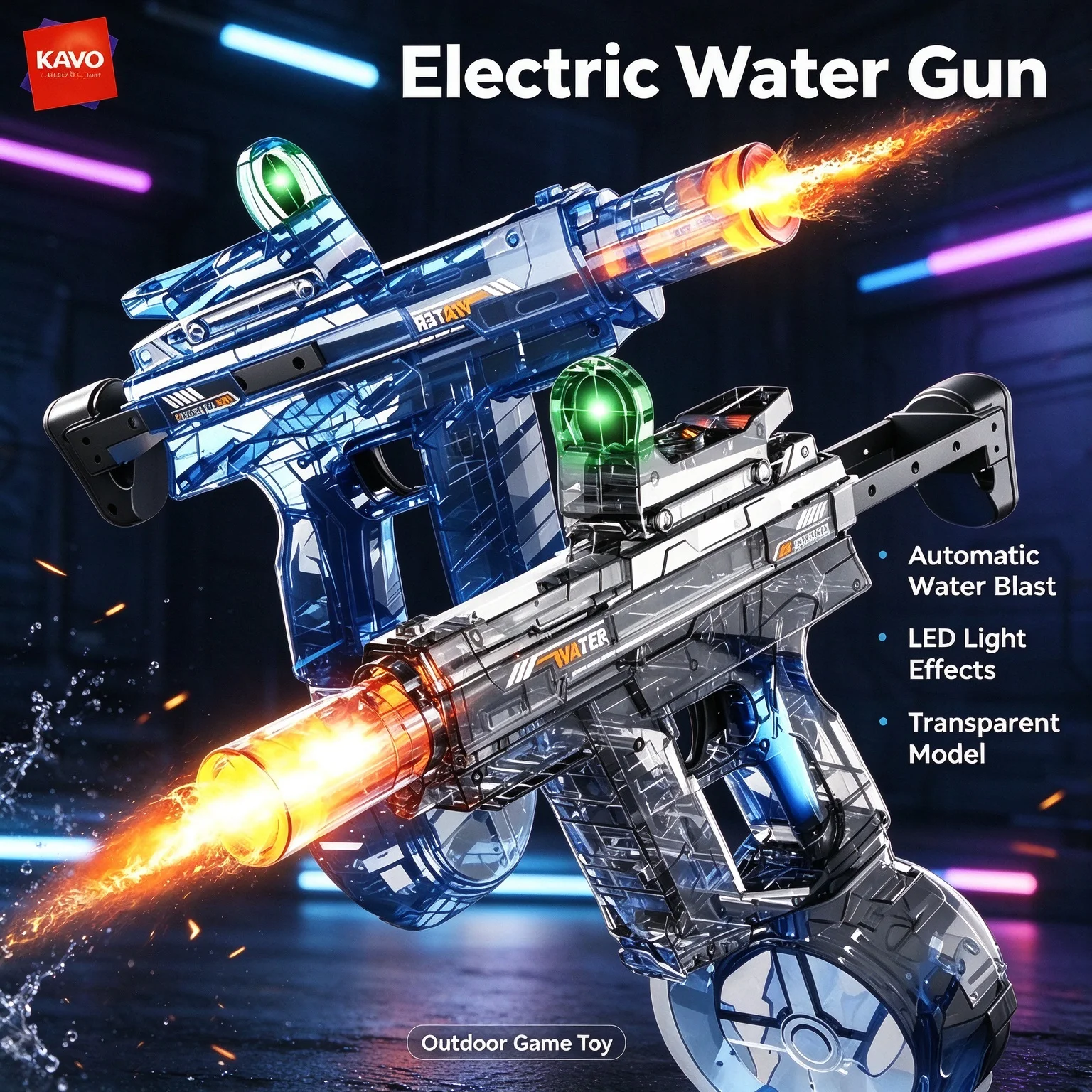 KAVOWORLD Automatic Electric Water Blaster Toy Transparent Body with Simulated Light Effect Outdoor Pool Games for Children