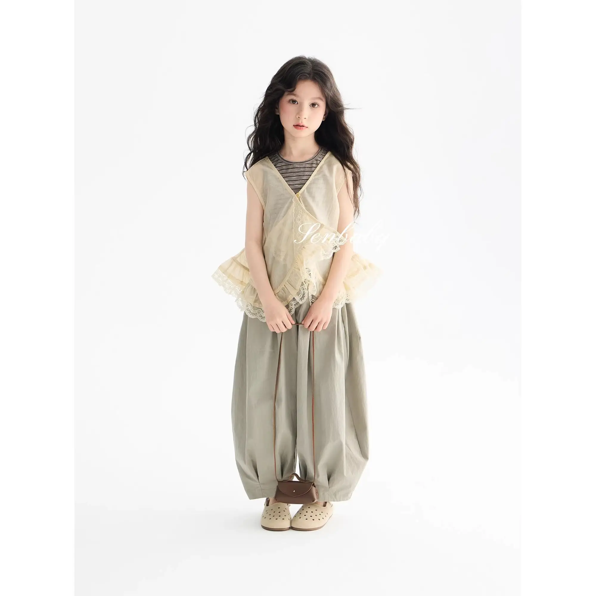 Girls Set 2026 Summer New Striped Camisole Irregular Mesh Lantern Pants Three Piece Set Big Kids Casual