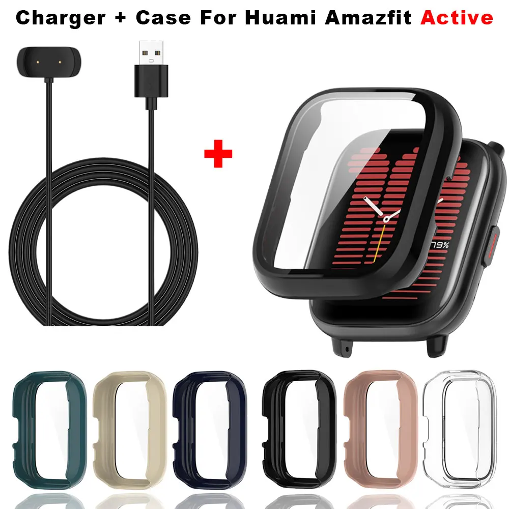 

Чехол для ПК + зарядное устройство для Huami Amazfit Active, стеклянная пленка, полный бампер, защитная крышка, защита экрана, USB-док-станция для зарядки