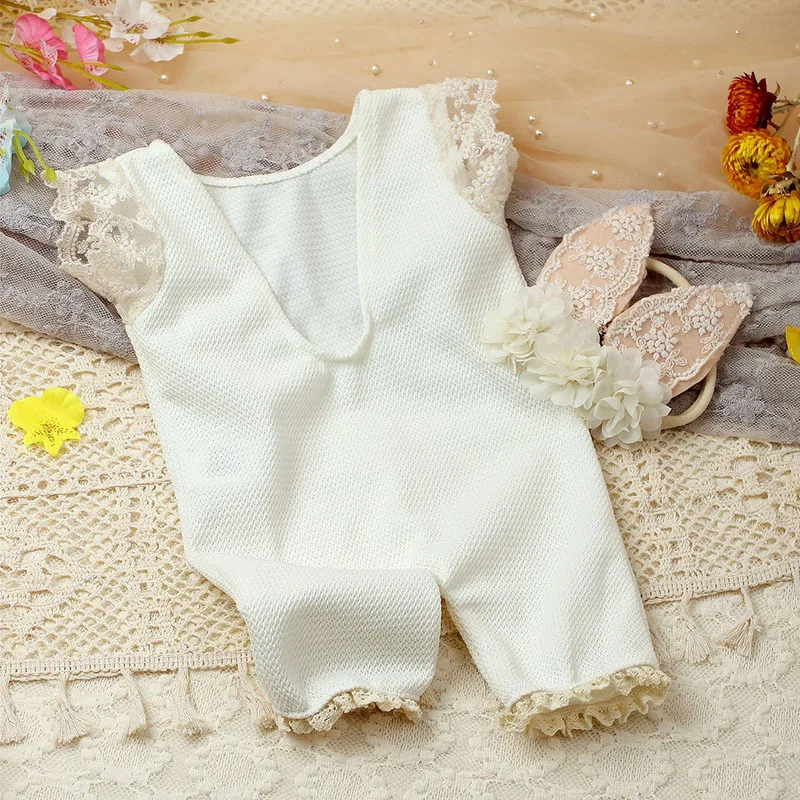 Newborn Photography Outfits Cute Rabbit Style Lace Romper Jumpsuit with Headband  Infant Picture Shooting Props