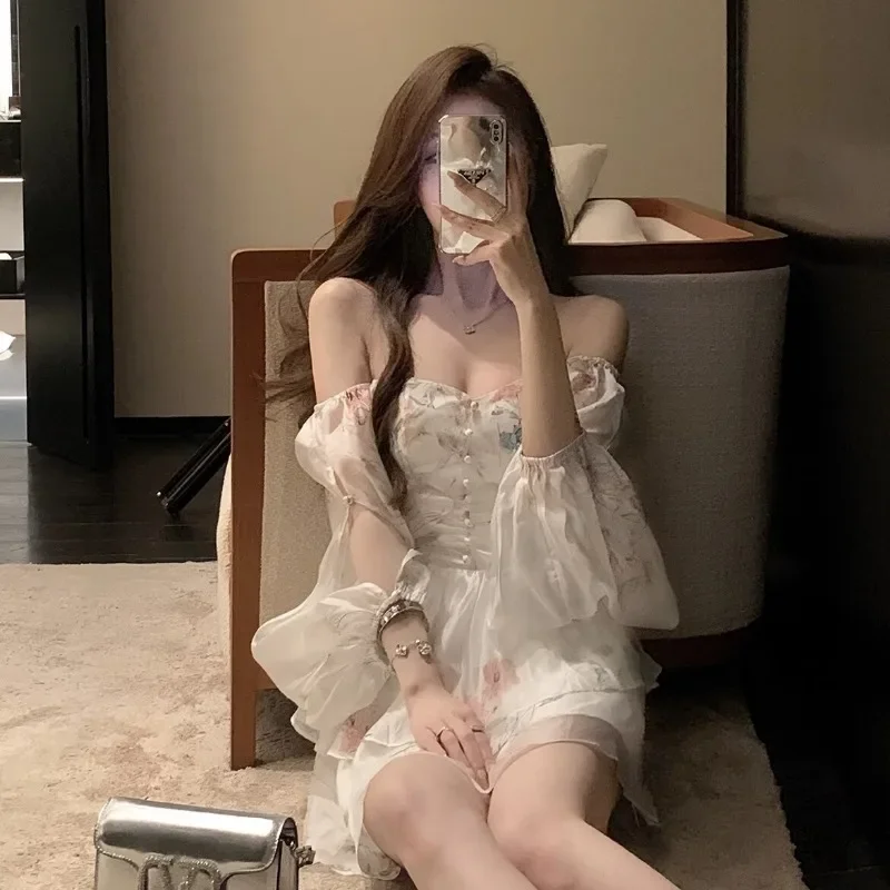 Elegancka francuska mini sukienka w kwiaty, letnia szyfonowa sukienka wieczorowa, sukienka Y2k damska na wakacje, plażowa sukienka boho wróżki, koreańskie szaty Платье