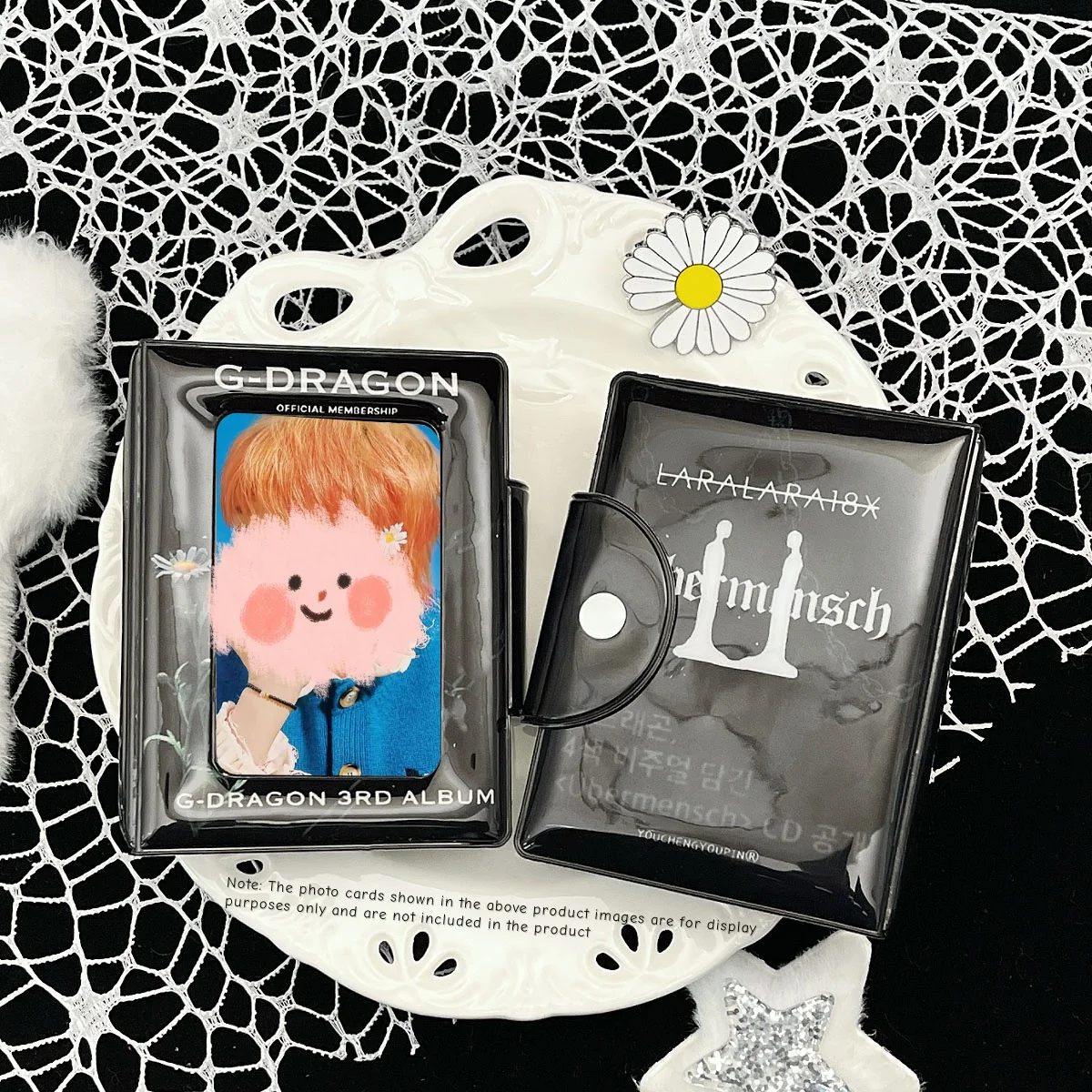 Black Daisy Gd Album Photo Card Storage Card Holder, Kpop Bright Leather All-In-One Portable Card Holder, Pu Material, Suitable for 3-3.5inch Star Chasing Idol Card, Polaroid Photo Card Storage Display